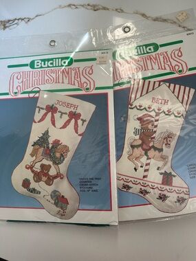 Vintage 1980s Bucilla Christmas Stocking Cross Stitch Kits Lot of 2 NWT